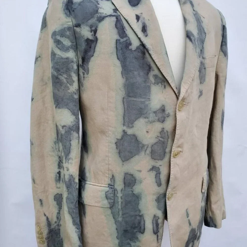 NEW linen Blazer tie dyed gray tan khaki green beige med large camo cowboy 40 42